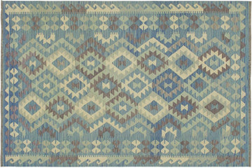 Flat Weave Kilim, Antique, Navaho, Vintage, Handmade, Geometric Kilim Blue Beige Hand-Woven Rectangle 100% Wool Area Rug 5 x 6
